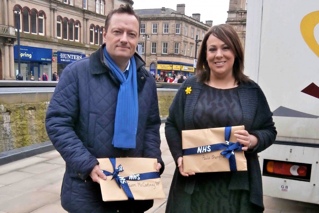 Jason McCartney MP and Paula Sherriff MP with copies of Testimony on the Destruction of the NHS: Why we need the NHS Bill now, presented to them by the Chair of North Kirklees Support the NHS